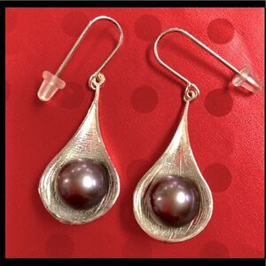 RCI Italy Signed Dark Blue Pearl Dangle Earrings Sterling Silver 925
